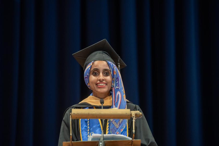 Safia Albaiti addresses the crowd during Commencement 2023.