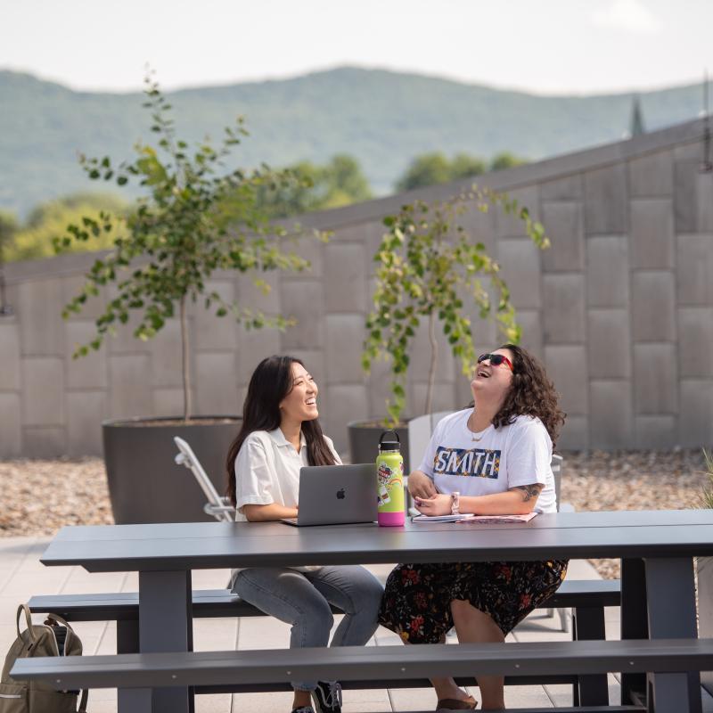 Two students sit at a table on the rooftop terrace at the library engaged in conversation. There is a laptop on the table in front of them. 