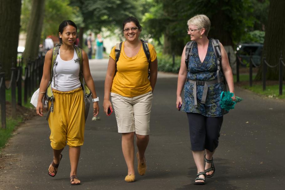 Three students walk down a paved pathway with tall trees on either side in the background. 