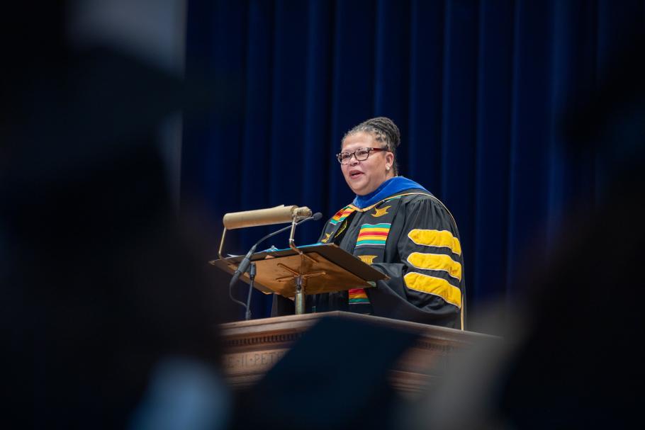 Sarah Willie-LeBreton addresses the crowd during Commencement 2023.