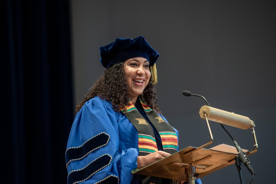 Jamie Daniels addresses the crowd during Commencement 2023.