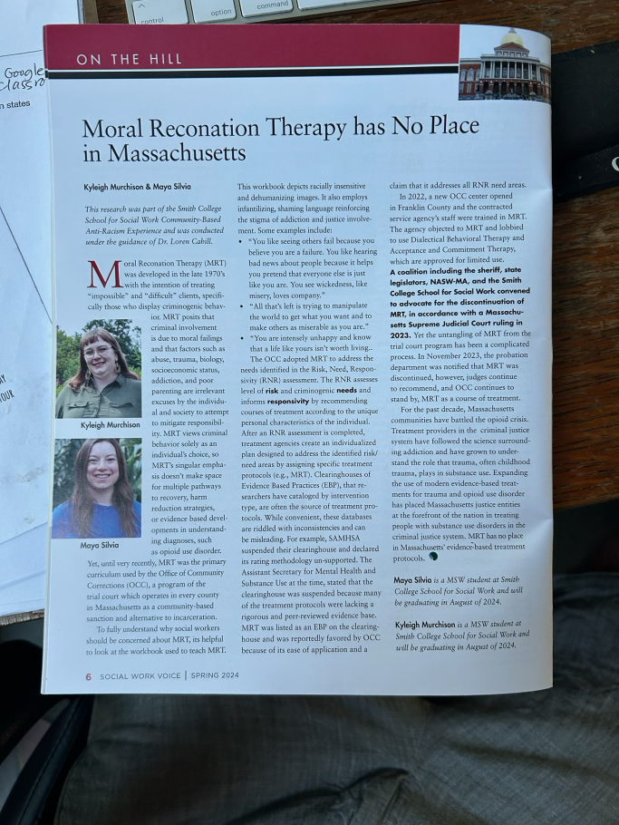 Photo of the print version of an article in NASW-MA Voice titled Moral Reconation Therapy Has No Place in Massachusetts