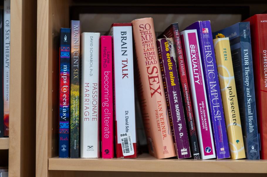 Books in Caroline Russell's office. 