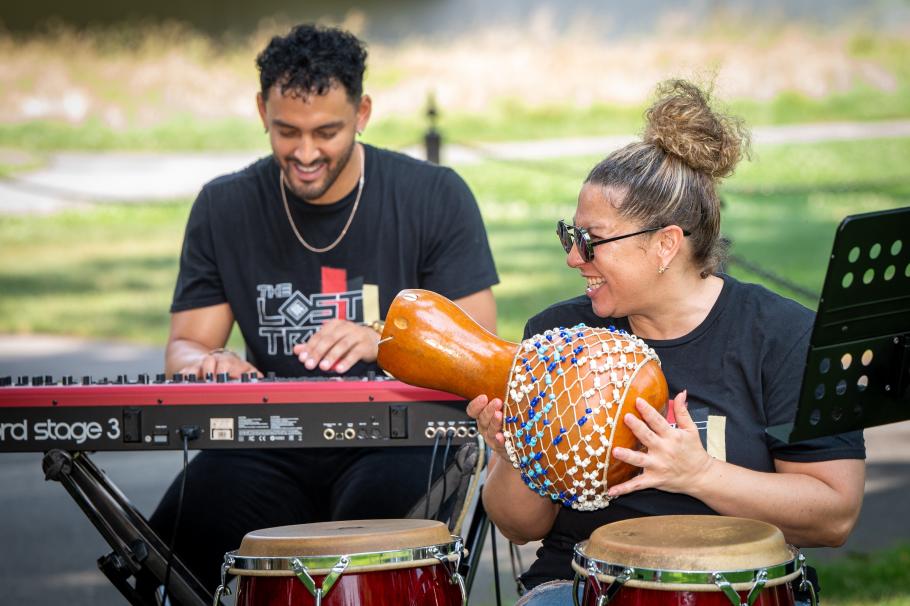 Keyboard and percussion of band The Lost Tribe