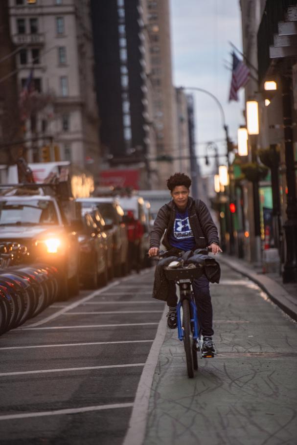 JD Fuller rides a Citi bike to work each morning.