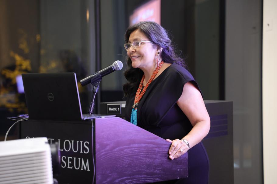 Pam Begay speaks at an event at the St. Louis Museum.