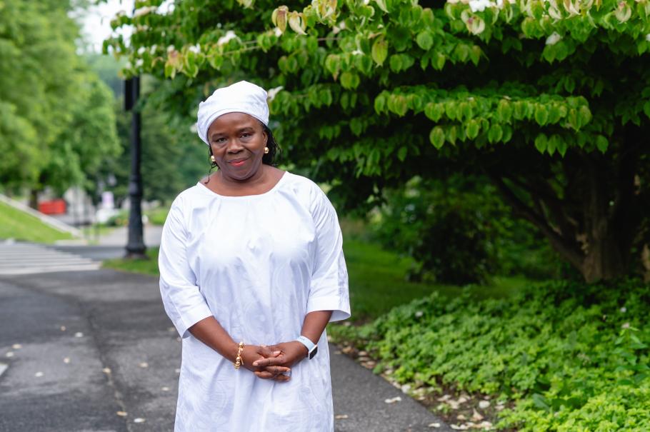 Adama Sallu poses outside at Smith College during the Alumni Awards Dinner in June 2024.