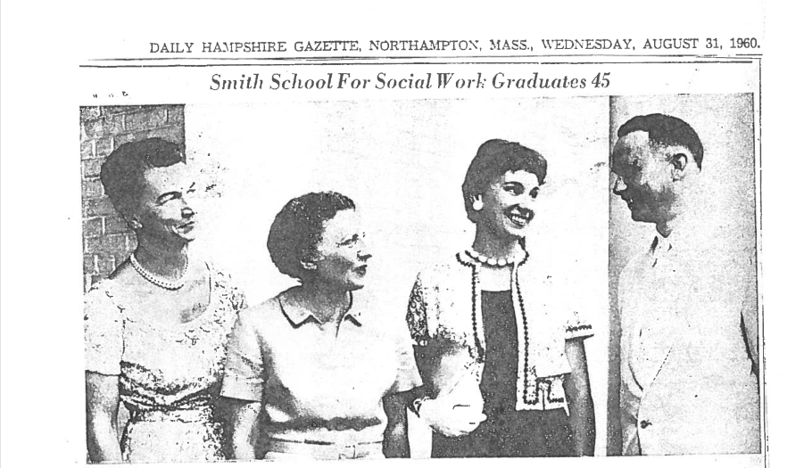 A photo of the article in the Daily Hampshire Gazette in 1960 announcing the 45 graduates from Smith College School for Social Work.