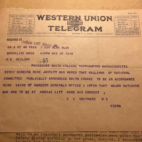 E.E. Southard to William Neilson, May 20, 1918, 4:40pm. School for Social Work Records, Smith College Archives, Northampton, MA.