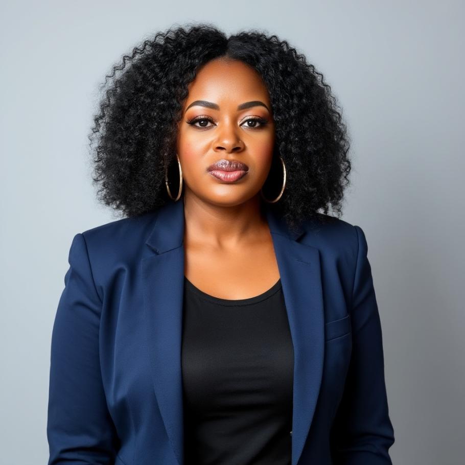 Nicole Faniel-Wilson wearing black shirt and blue blazer against grey wall