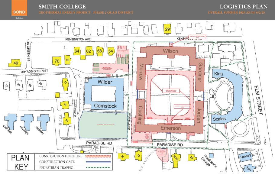A map of the quad summer 2025 with pedestrian walkways noted by green dotted lines.