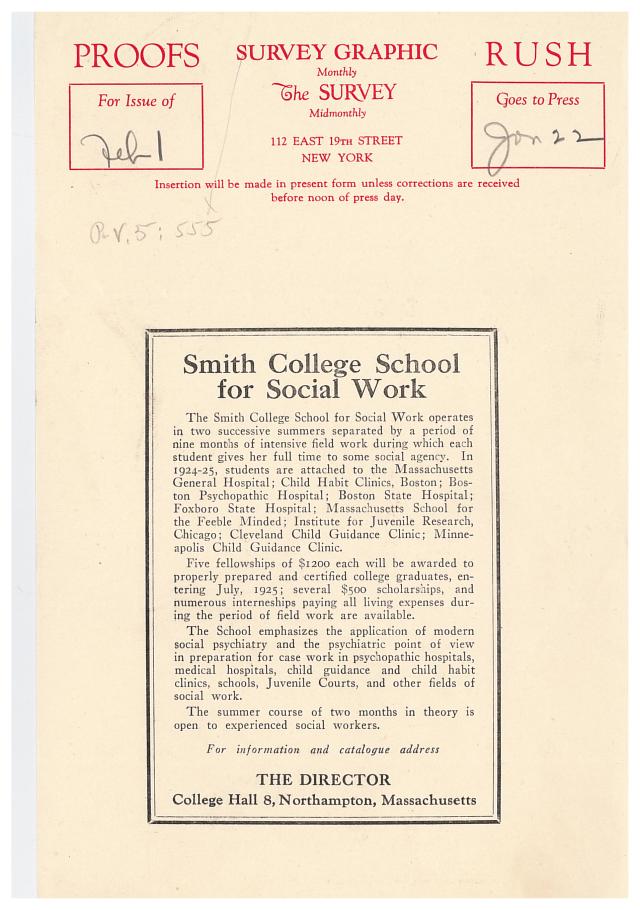 An advertising proof from 1925 describing the Smith College SSW program and available scholarships. 