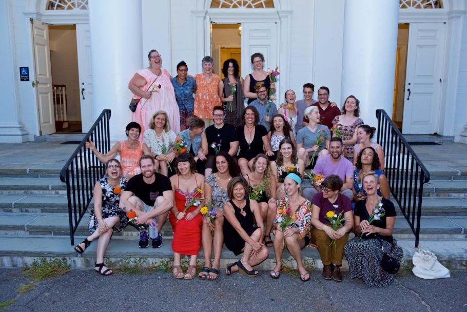 Marianne Yoshioka sits on the Helen Hills Hills Chapel steps with the Class of 2016 after Baccalaureate