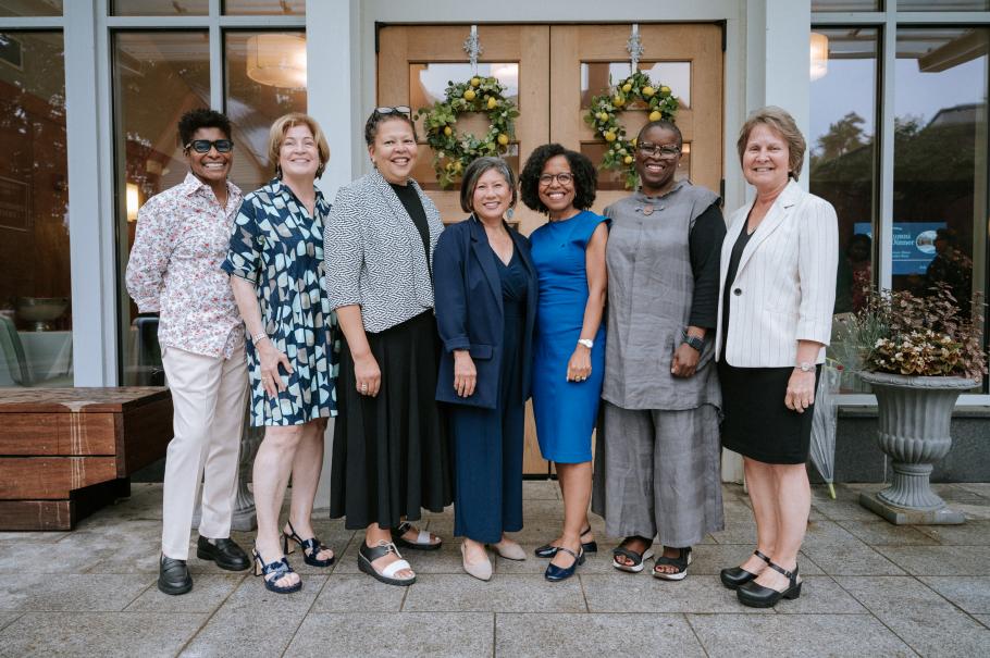 2025 Alumni Award Winners stand with President Sarah Willie-LeBreton, Dean Marianne Yoshioka, Provost Daphne Lamothe outside Smith Conference Center