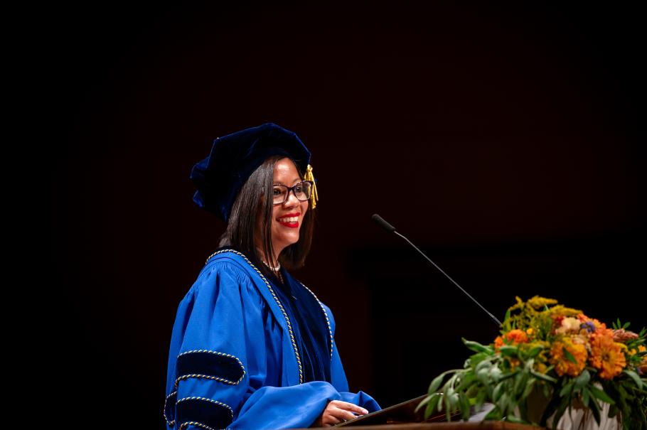 Ph.D. Speaker Cheryl Aguilar addresses graduates during the 2026 Commencement Ceremony. 