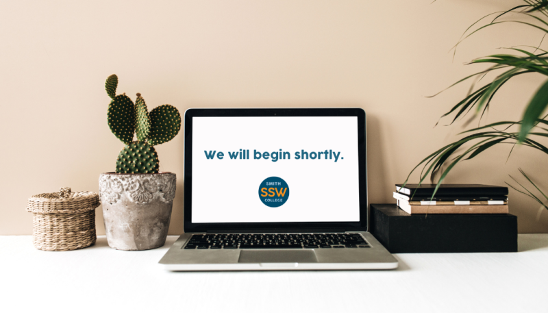 Photo of a laptop sitting on a desk with a small cactus plant to the left and a stack of books to the right. The fronds of a potted palm tree are visible on the right edge of the image. The laptop screen says "We will begin shortly." and has the SSW monogram logo in blue and orange underneath.
