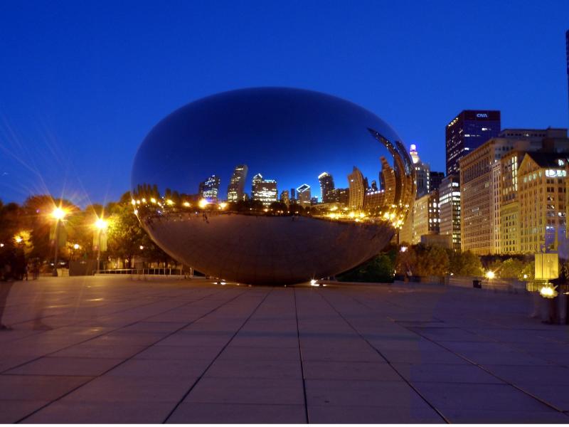 Image of Bean in Chicago at night reflecting the city skyline. 