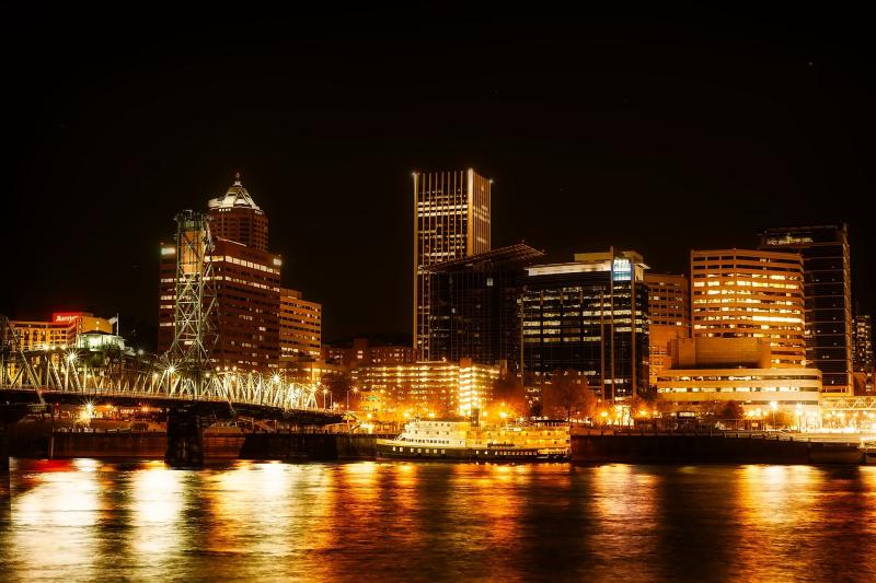 Portland, OR skyline at night.