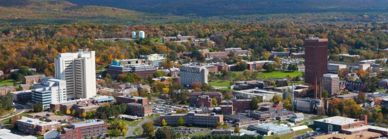 Aerial photo of UMass Amherst campus.