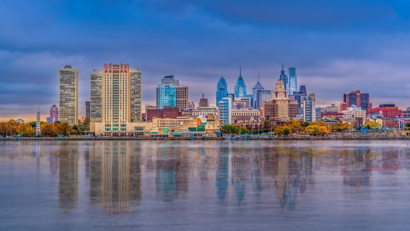 Philadelphia skyline at dusk.