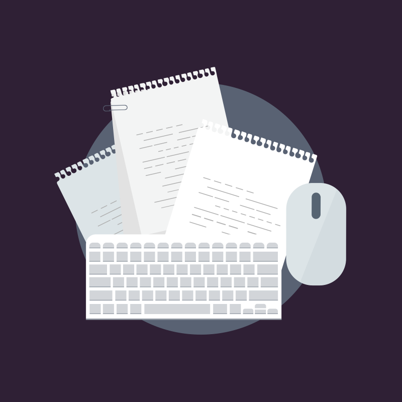 Cartoon rendering of notebook papers, a keyboard and mouse on top of a circular table.