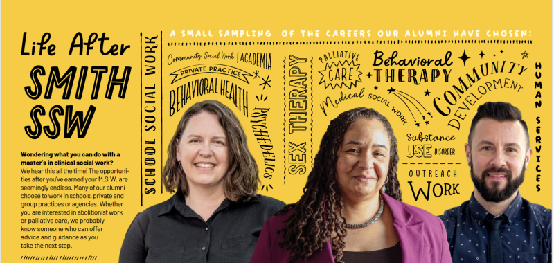 A photo of three alums with hand illustrated career options around their heads.
