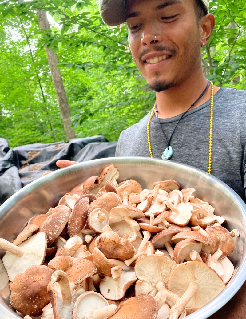 Michael Del Rio holds a bowl of mushrooms close to the camera smiling