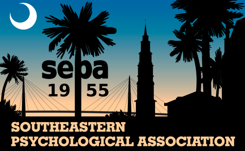 SEPA Southeastern Psychological Association banner featuring silhouettes of palm trees, suspension bridges, and buildings over a blue and orange sunset sky.