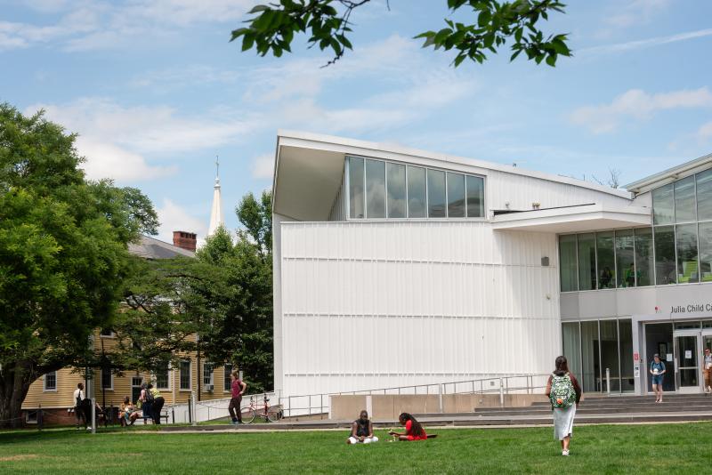 People sitting in grass in front of the Campus Center, a large white building. Green leaves and blue sky with clouds
