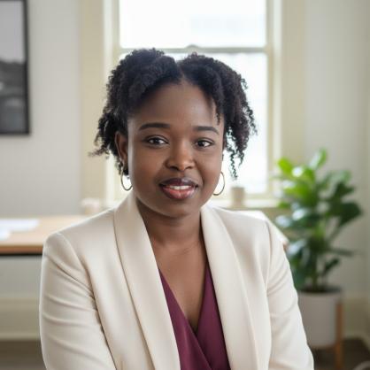 Miriam Desgazon headshot with plants and white wall and window