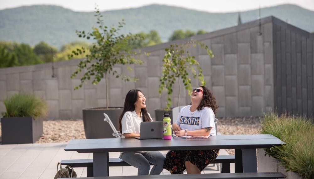 Two students sit at a table on the rooftop terrace at the library engaged in conversation. There is a laptop on the table in front of them. 
