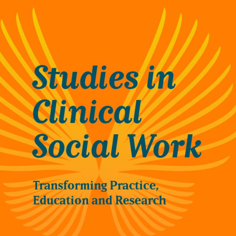Photo of the new cover of Studies in Clinical Social Work: Transforming Practice, Education and Research featuring blue lettering on a warm orange background with pale yellow wings overlaid.