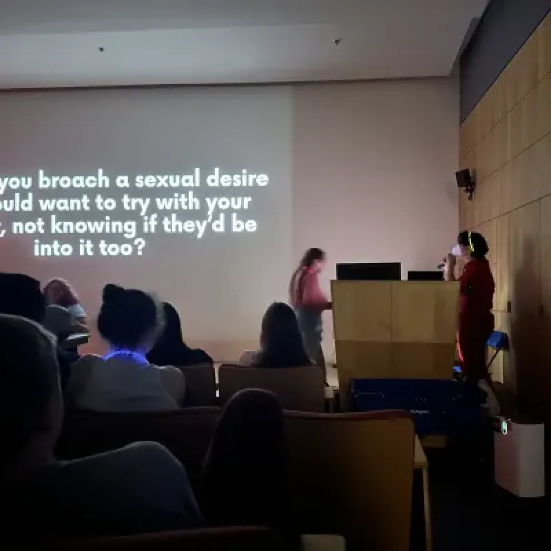 M.S.W. student Sarah Chrystler led a campus glow-in-the-dark Q&A session around sex education. 