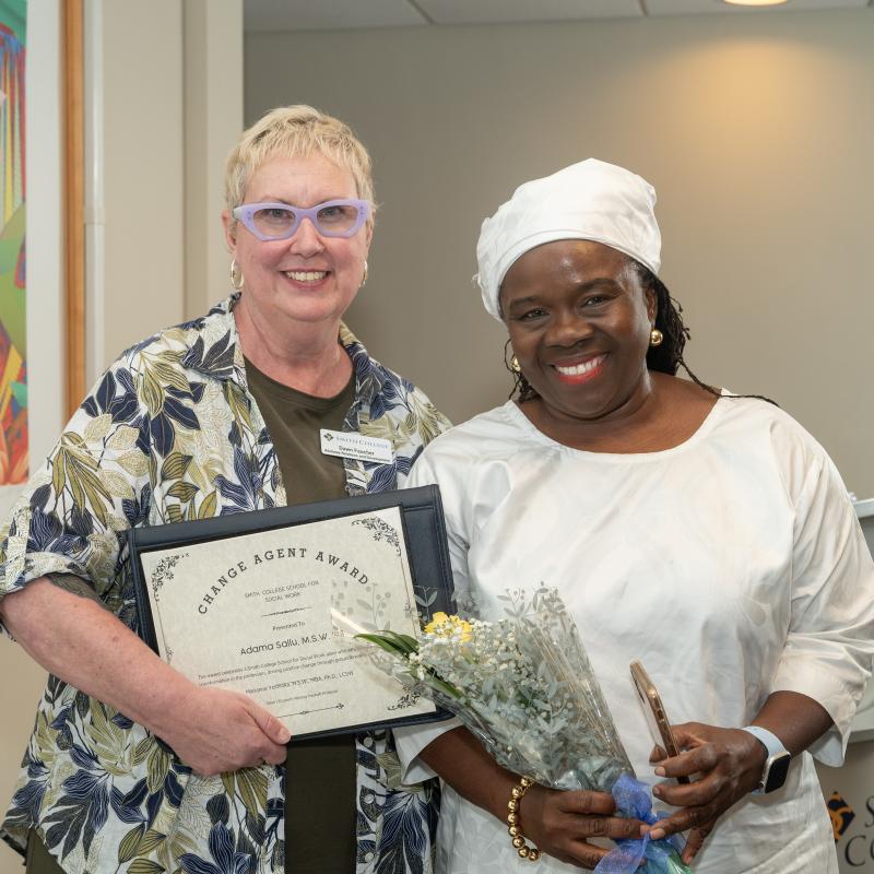 Adama Sallu poses with Director of Development Dawn Faucher during the Alumni Awards Dinner in June 2024.