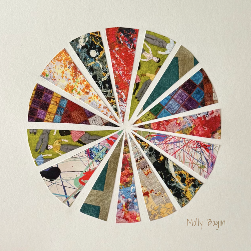 A wheel of colorful fabric against a beige background. Text reads Molly Bogin